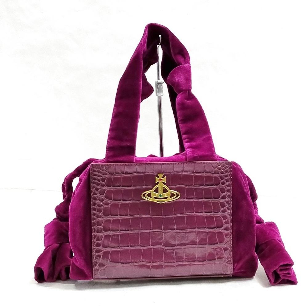 Vivienne Westwood Plum Purple Croc-Embossed Velvet Shoulder Bag